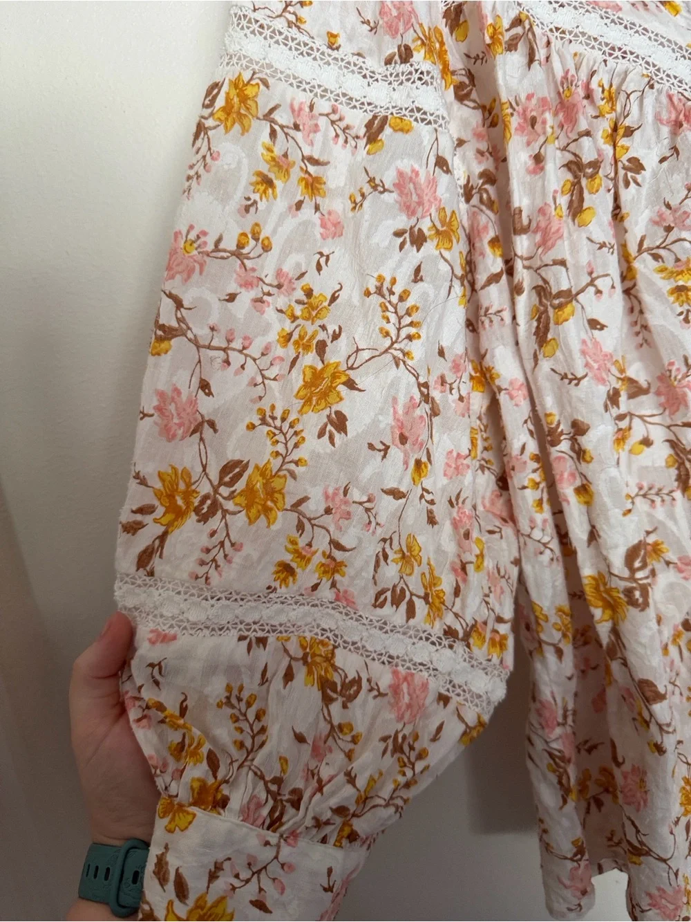 Anthropologie Lace-Trim Puff Sleeve Blouse - White with Pink & yellow Floral